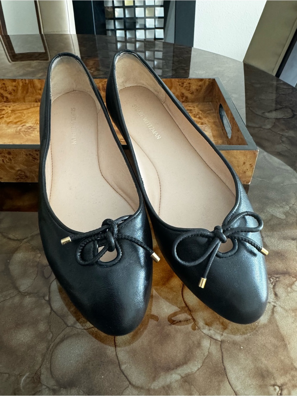Stuart Weitzman Black Leather Bow-Accent Ballet Flats 36